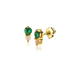 Clearance Zinzi 6,5mm gold plated zilveren oorknoppen ronde chatonzettingen diepgroene en champagne kleurstenen ZIO2562