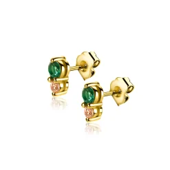 Clearance Zinzi 6,5mm gold plated zilveren oorknoppen ronde chatonzettingen diepgroene en champagne kleurstenen ZIO2562