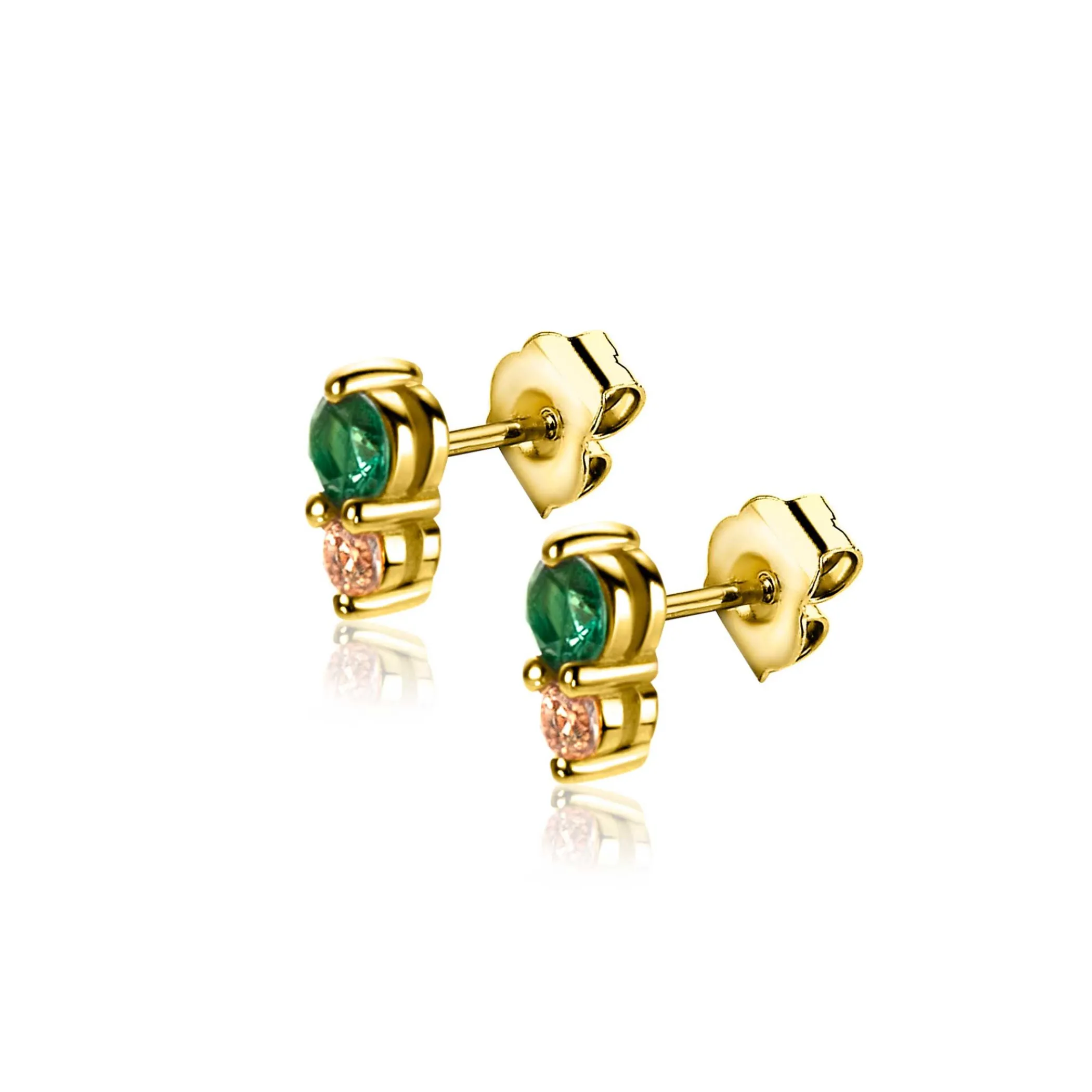 Clearance Zinzi 6,5mm gold plated zilveren oorknoppen ronde chatonzettingen diepgroene en champagne kleurstenen ZIO2562