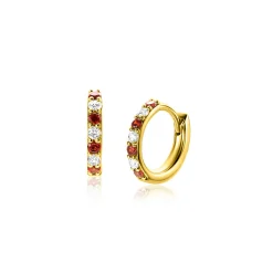 Outlet Zinzi 12mm gold plated zilveren oorringen bezet met ronde witte zirconia's en rood granaat kleurstenen 2mm buisdikte met luxe klapsluiting ZIO2558