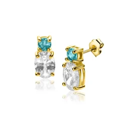 Best Zinzi 12mm gold plated zilveren oorstekers, bezet met een kleine ronde blauwe kleursteen en ovale witte zirconia ZIO2438