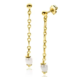 Hot Zinzi 40mm gold plated zilveren oorstekers met lang schakelkettinkje, inclusief witte zoetwaterparel ZIO2588