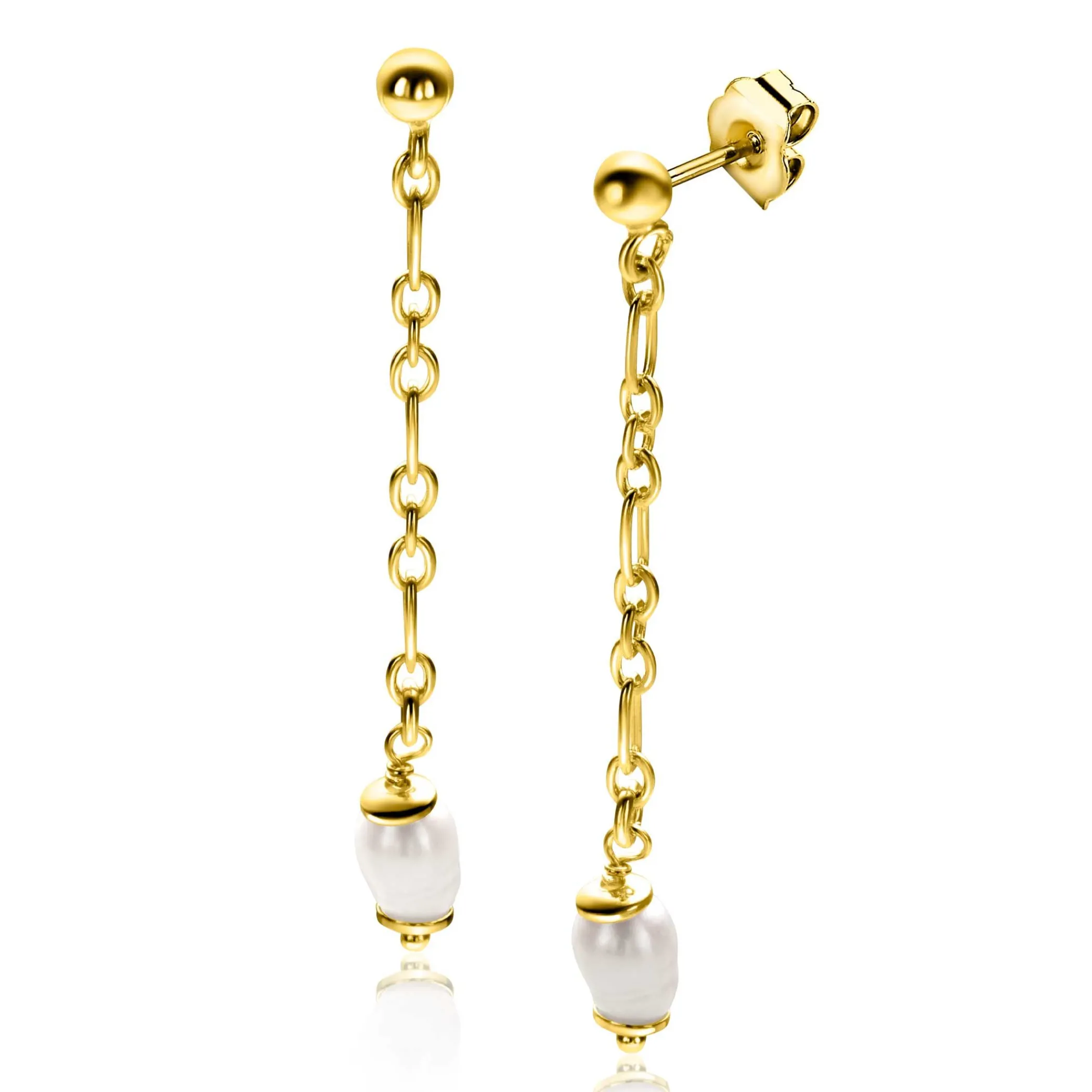 Hot Zinzi 40mm gold plated zilveren oorstekers met lang schakelkettinkje, inclusief witte zoetwaterparel ZIO2588