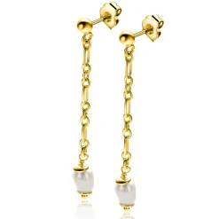 Hot Zinzi 40mm gold plated zilveren oorstekers met lang schakelkettinkje, inclusief witte zoetwaterparel ZIO2588