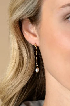Hot Zinzi 40mm gold plated zilveren oorstekers met lang schakelkettinkje, inclusief witte zoetwaterparel ZIO2588