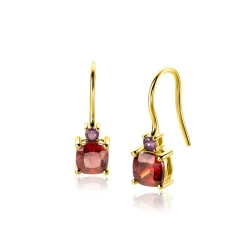 Clearance Zinzi 19mm gold plated zilveren oorhangers met vierpootszettingen rood granaat en paarse kleurstenen ZIO2563H