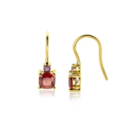 Clearance Zinzi 19mm gold plated zilveren oorhangers met vierpootszettingen rood granaat en paarse kleurstenen ZIO2563H