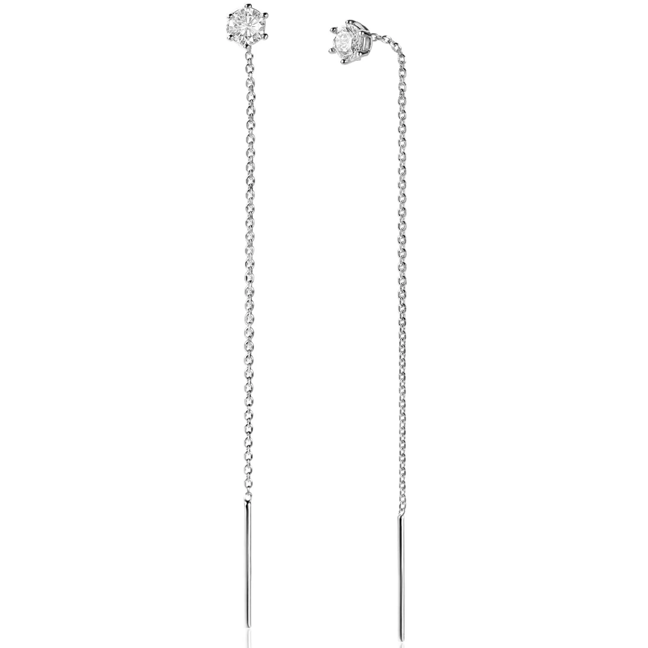 Zinzi 80mm zilveren doortrek oorbellen met chatonzetting 5mm witte zirconia en sierlijk kettinkje ZIO2576