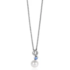 Clearance Zinzi 20mm zilveren hanger met witte parel, ronde lichtblauwe kleursteen en open rondje bezet met witte zirconia's ZIH2442 (zonder collier)