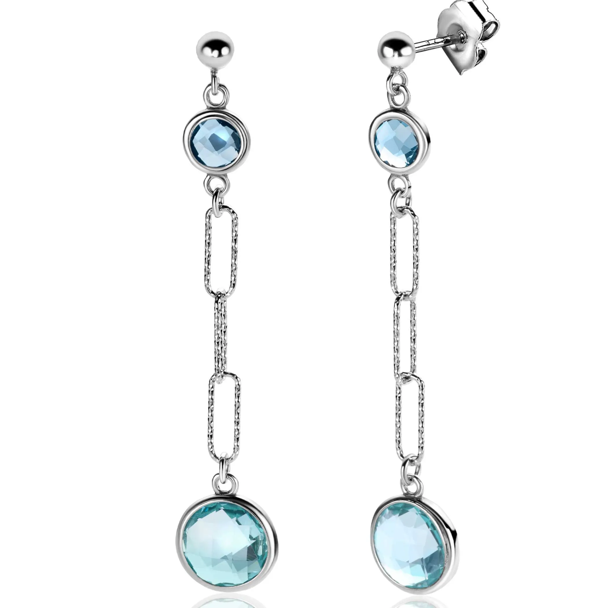 Hot Zinzi 60mm zilveren lange oorstekers 60mm met paperclip-schakels en bezet met licht blauwe en indigo blauwe kleurstenen ZIO2418