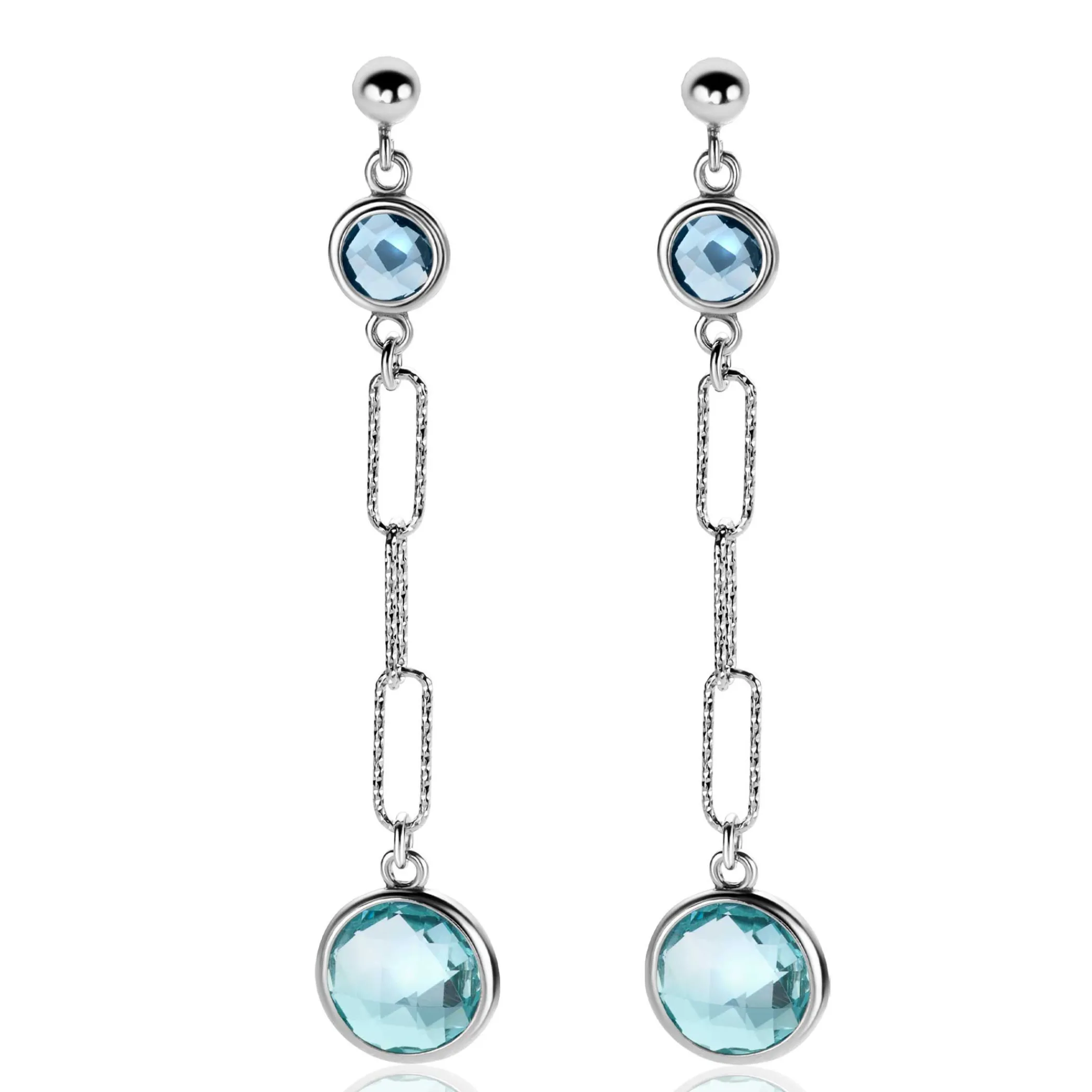 Hot Zinzi 60mm zilveren lange oorstekers 60mm met paperclip-schakels en bezet met licht blauwe en indigo blauwe kleurstenen ZIO2418