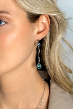Hot Zinzi 60mm zilveren lange oorstekers 60mm met paperclip-schakels en bezet met licht blauwe en indigo blauwe kleurstenen ZIO2418