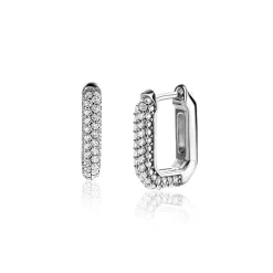 Hot Zinzi 16mm zilveren luxe oorringen 16x3mm achthoekig bezet met witte zirconia's en klapsluiting ZIO2495Z