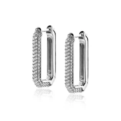 Clearance Zinzi 23mm zilveren luxe oorringen 23x3mm achthoekig bezet met witte zirconia's en klapsluiting ZIO2494Z