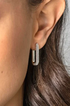 Clearance Zinzi 23mm zilveren luxe oorringen 23x3mm achthoekig bezet met witte zirconia's en klapsluiting ZIO2494Z
