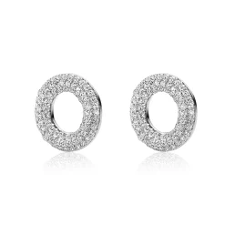 New Zinzi 12mm zilveren oorbedels open ronde vormen, bezet met witte zirconia's ZICH2446 (zonder oorringen)