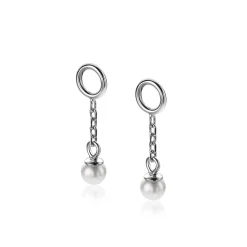 Outlet Zinzi 18mm zilveren oorbedels met schakelkettinkje en ronde witte glasparel 4mm ZICH2623 (zonder oorringen)