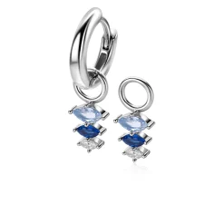 Best Zinzi 13mm zilveren oorbedels met drie peervormige zettingen in aflopende grootte, bezet met blauwe en witte kleurstenen ZICH2631B (zonder oorringen)