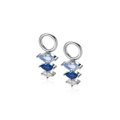 Best Zinzi 13mm zilveren oorbedels met drie peervormige zettingen in aflopende grootte, bezet met blauwe en witte kleurstenen ZICH2631B (zonder oorringen)