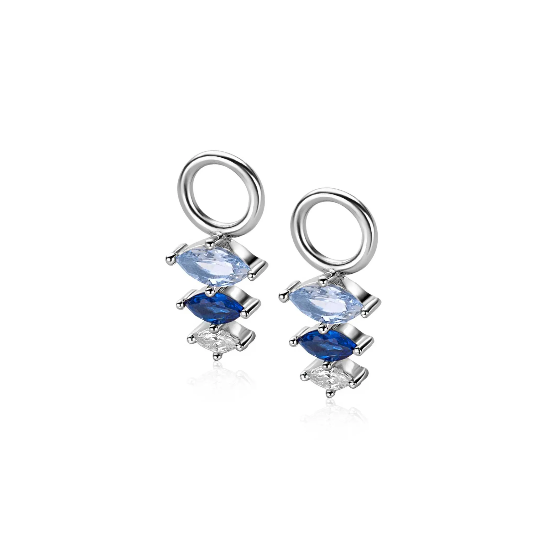Best Zinzi 13mm zilveren oorbedels met drie peervormige zettingen in aflopende grootte, bezet met blauwe en witte kleurstenen ZICH2631B (zonder oorringen)