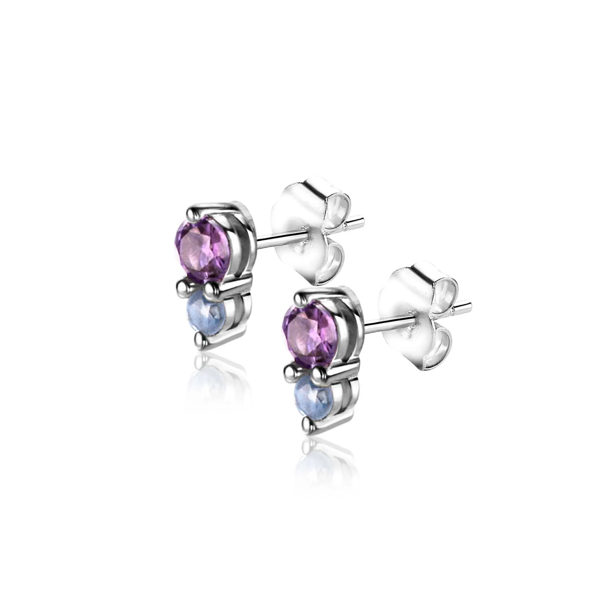 Outlet Zinzi 6,5mm zilveren oorknoppen ronde chatonzettingen paars en lichtblauwe kleurstenen ZIO2564