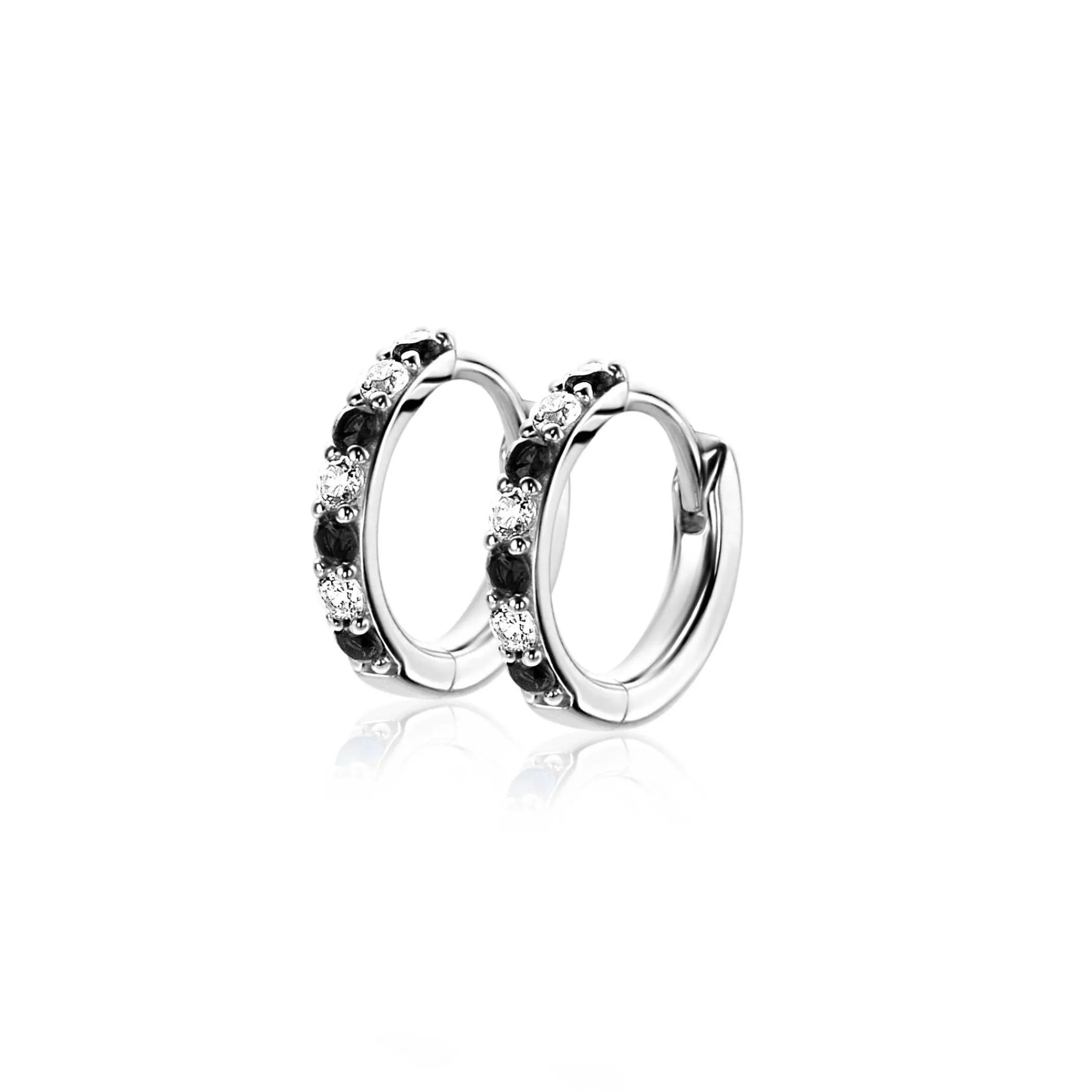 Discount Zinzi 12mm zilveren oorringen bezet met witte en zwarte zirkonia's 2mm buisdikte met luxe klapsluiting ZIO2559Z