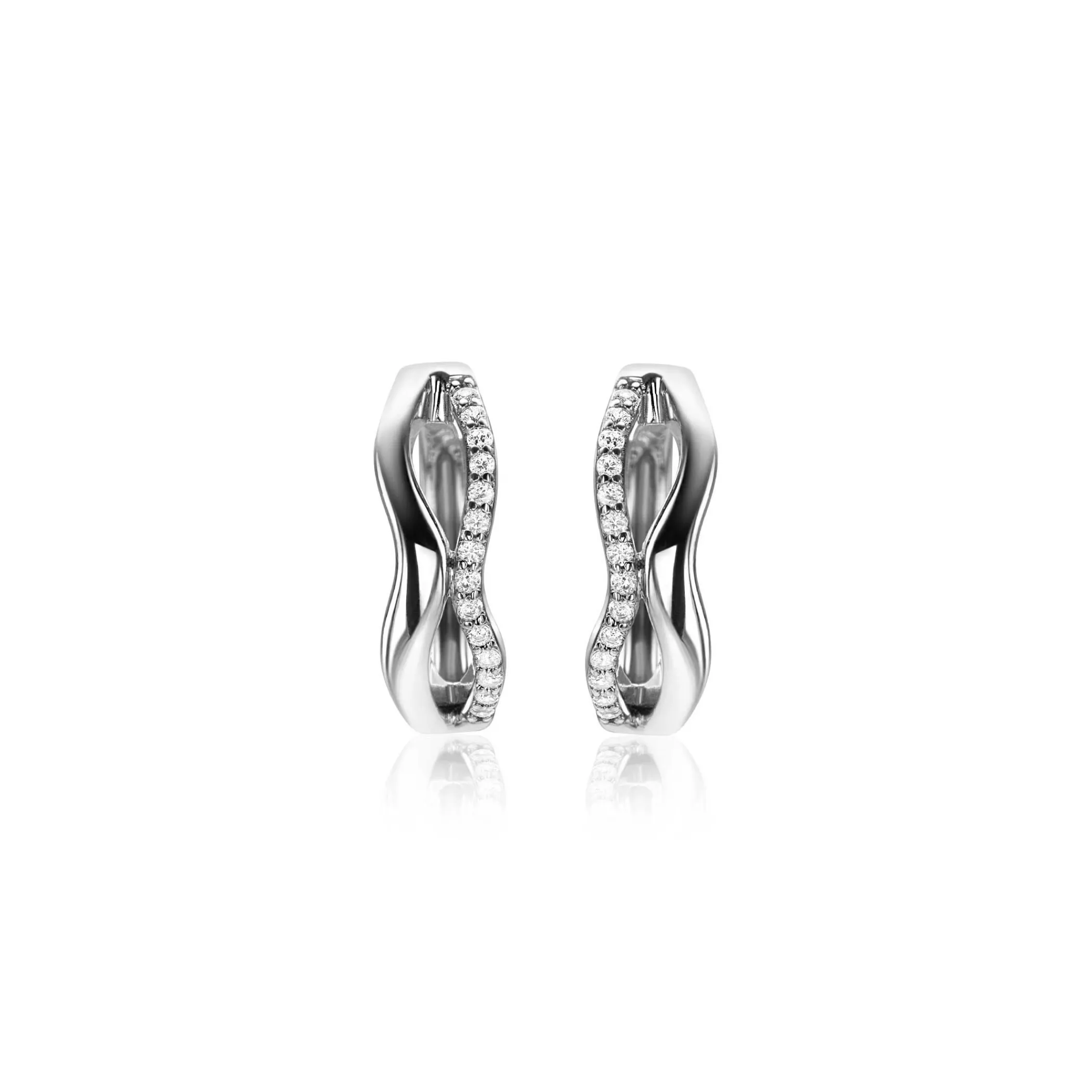 Outlet Zinzi 15mm zilveren oorringen organisch gevormd met twee golvende banen, waarvan één bezet met witte zirconia's, met luxe klapsluiting ZIO2629