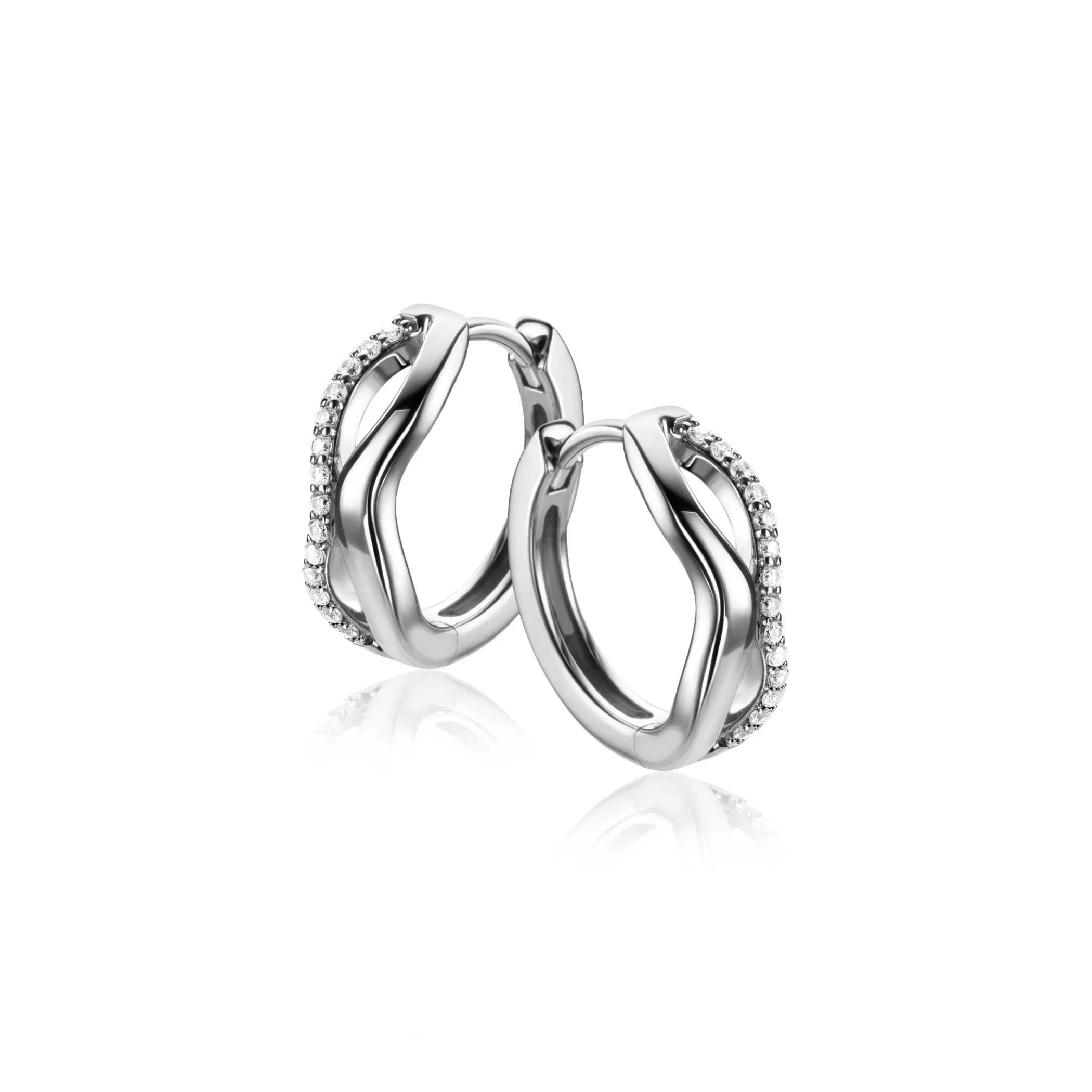 Outlet Zinzi 15mm zilveren oorringen organisch gevormd met twee golvende banen, waarvan één bezet met witte zirconia's, met luxe klapsluiting ZIO2629