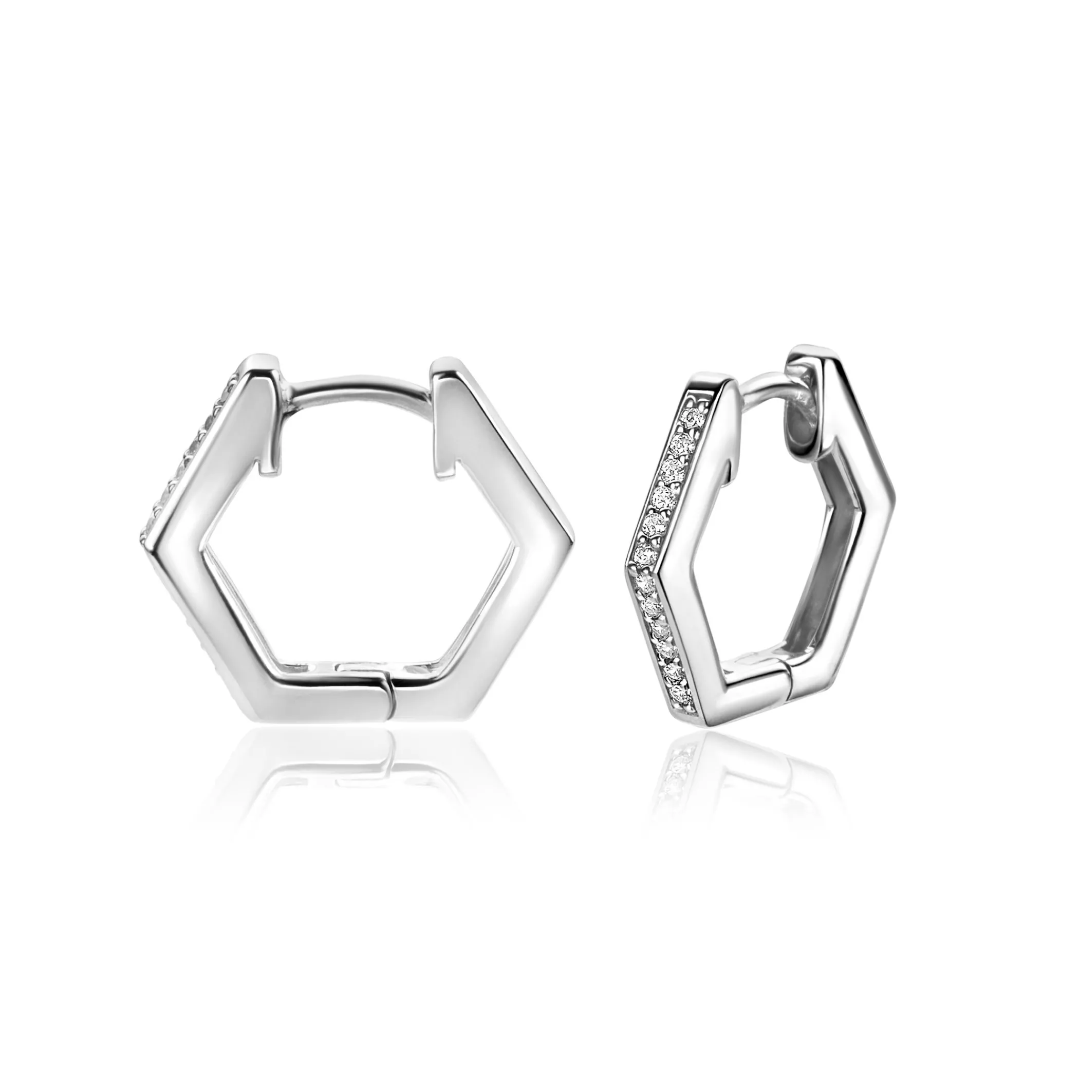 New Zinzi 15mm zilveren oorringen in leuke hexagon vorm bezet met witte zirconia's, met luxe klapsluiting 15x2mm ZIO2433