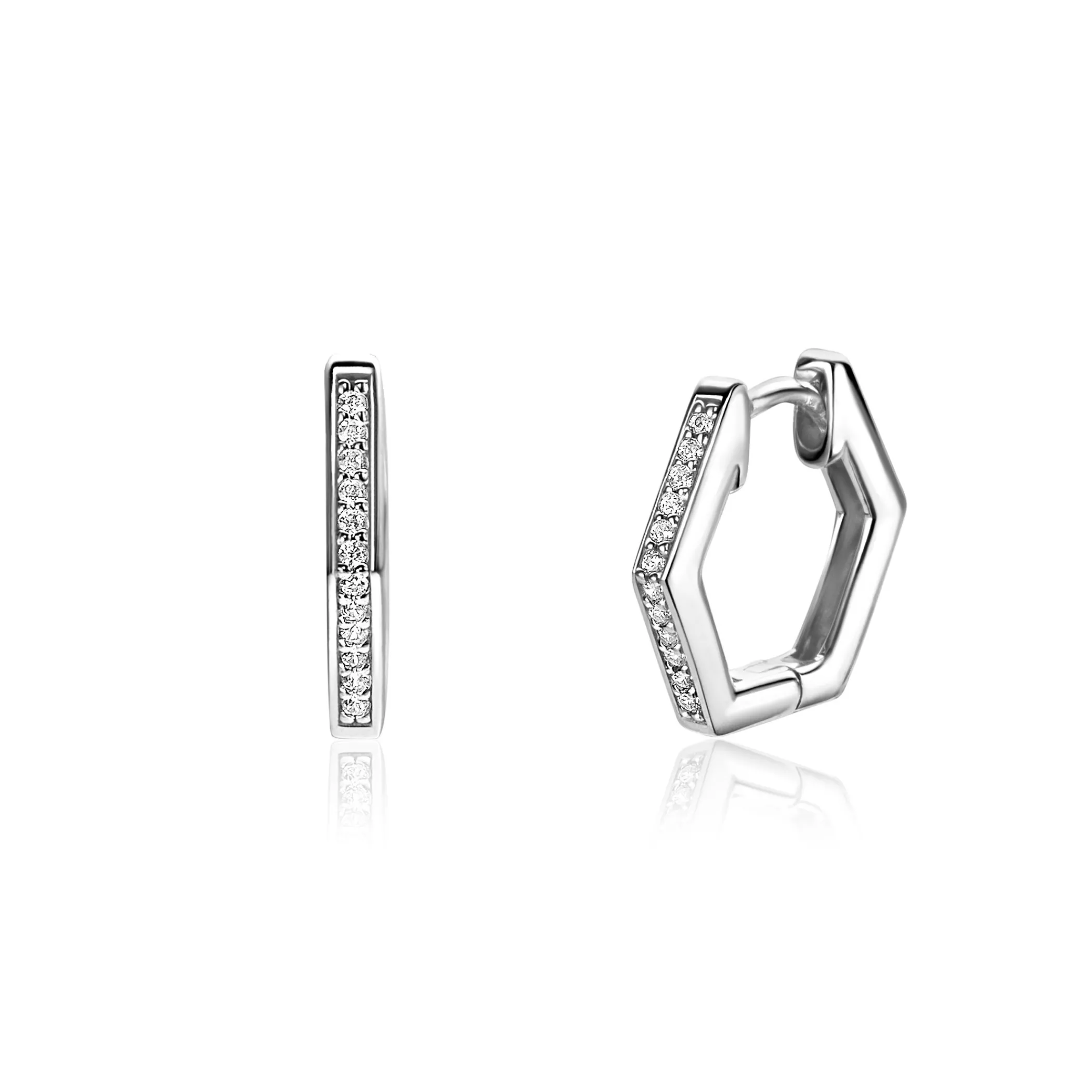 New Zinzi 15mm zilveren oorringen in leuke hexagon vorm bezet met witte zirconia's, met luxe klapsluiting 15x2mm ZIO2433