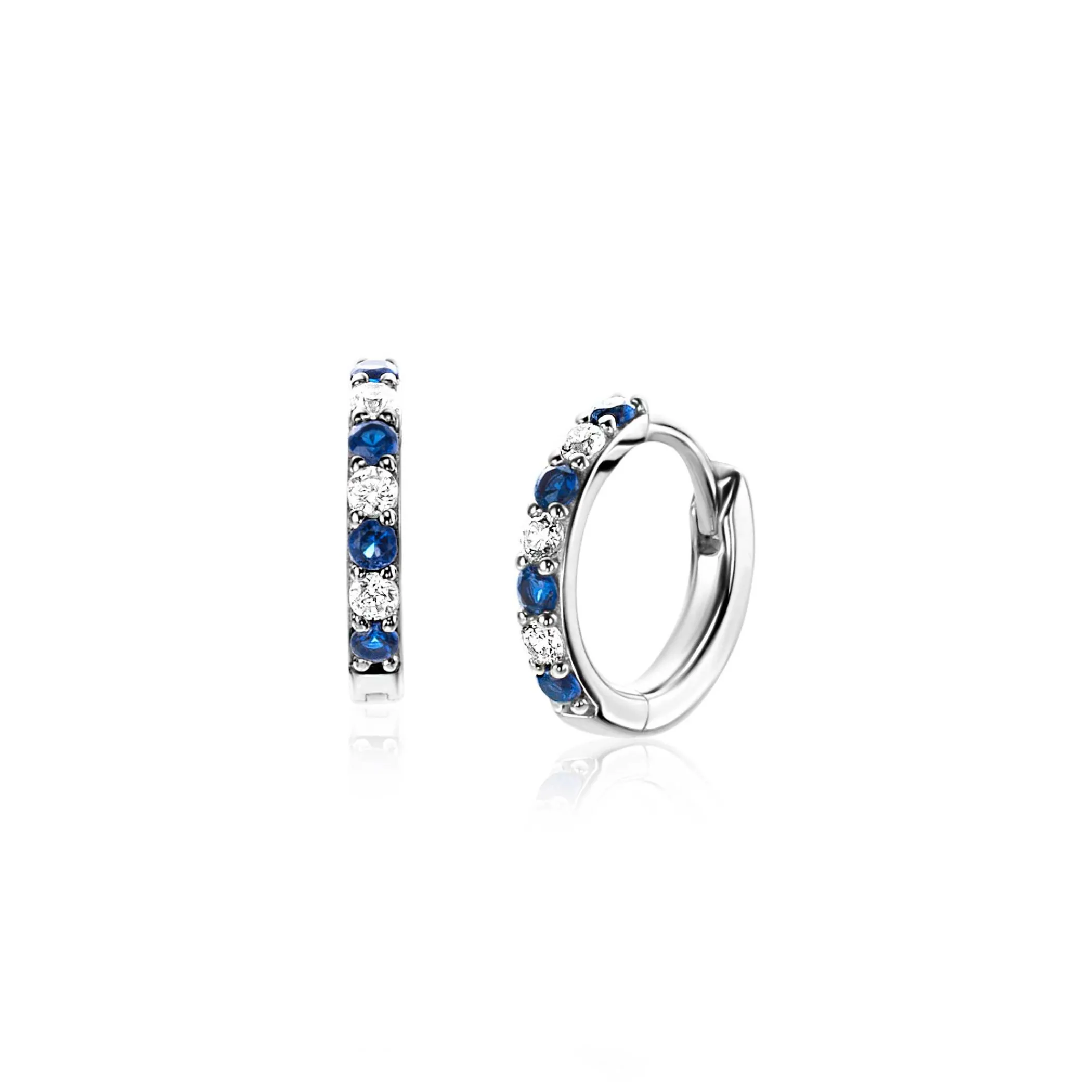 Zinzi 12mm zilveren oorringen bezet met ronde witte zirconia's en donkerblauwe kleurstenen 2mm buisdikte met luxe klapsluiting ZIO2559