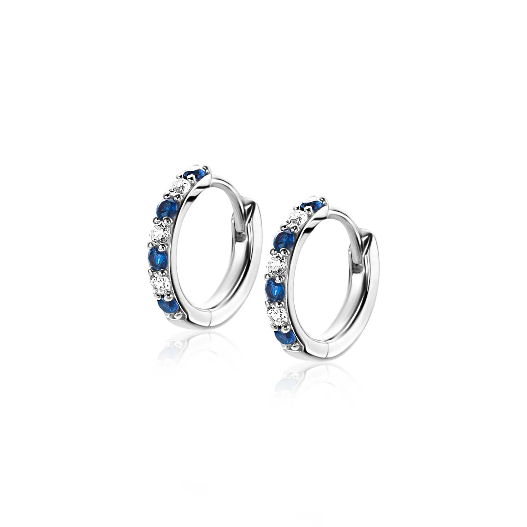 Zinzi 12mm zilveren oorringen bezet met ronde witte zirconia's en donkerblauwe kleurstenen 2mm buisdikte met luxe klapsluiting ZIO2559