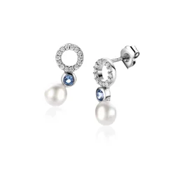 Clearance Zinzi 15mm zilveren oorstekers met witte parel, ronde lichtblauwe kleursteen en open rondje bezet met witte zirconia's ZIO2442