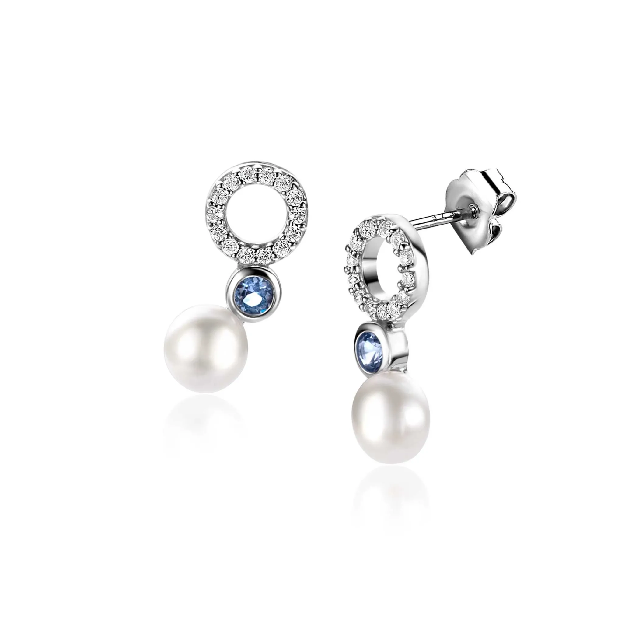 Clearance Zinzi 15mm zilveren oorstekers met witte parel, ronde lichtblauwe kleursteen en open rondje bezet met witte zirconia's ZIO2442