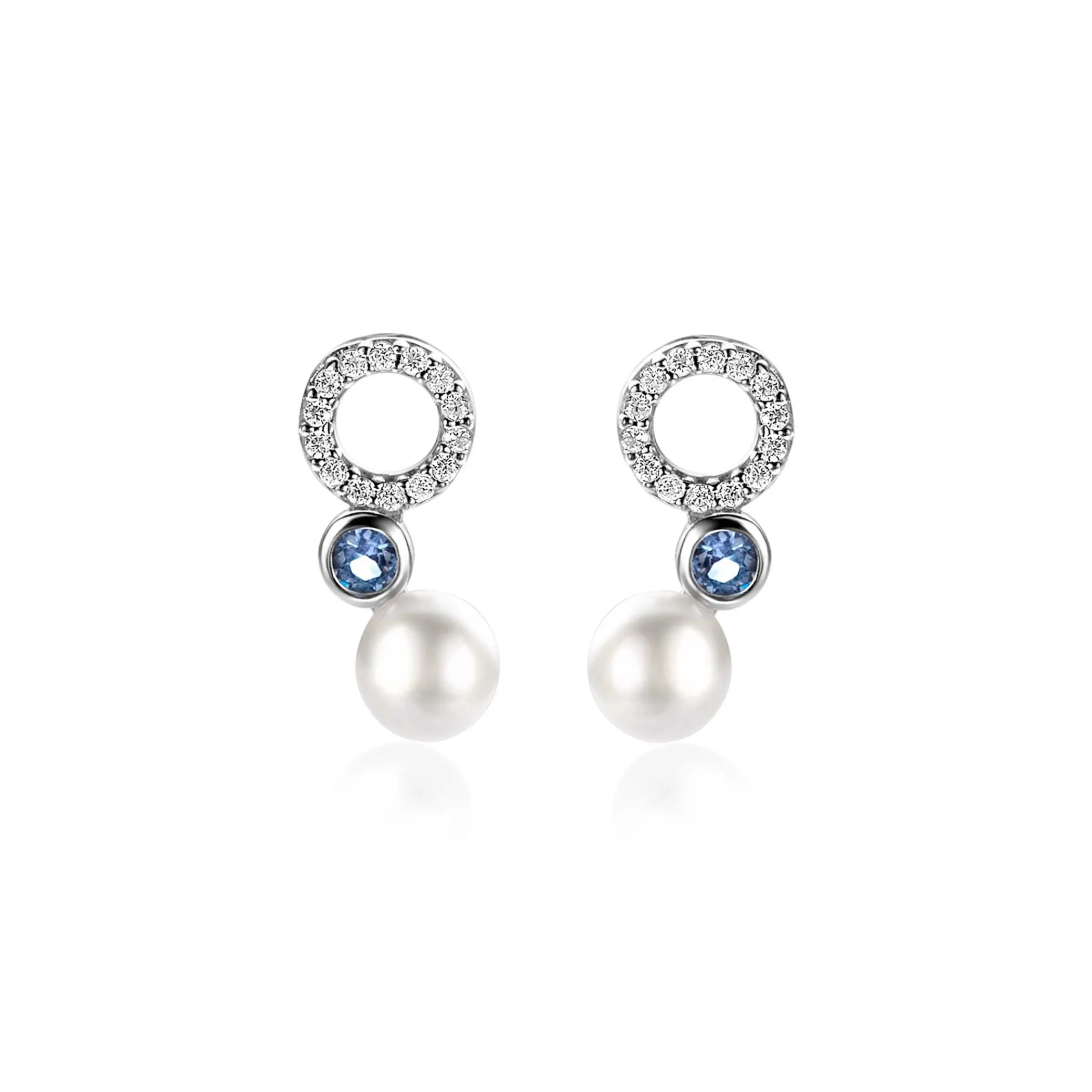 Clearance Zinzi 15mm zilveren oorstekers met witte parel, ronde lichtblauwe kleursteen en open rondje bezet met witte zirconia's ZIO2442
