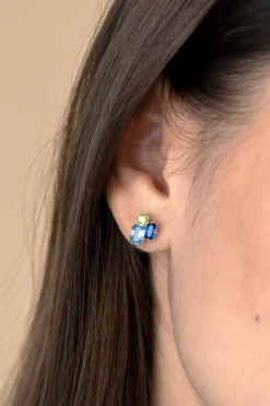 Discount Zinzi 10mm zilveren oorstekers rechthoekige vormen, bezet met licht groene en blauwe kleurstenen ZIO2496