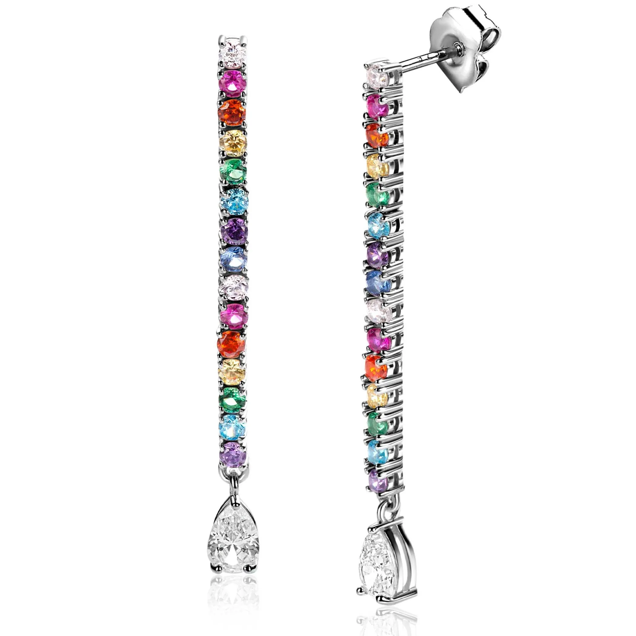 Hot Zinzi 42mm zilveren oorstekers in staafvorm bezet met regenboog kleurstenen en witte peervormige zirconia ZIO2486