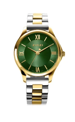 New Zinzi Classy Mini horloge 30mm groene wijzerplaat goudkleurige stalen kast en bicolor band ziw1235