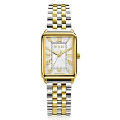 Discount Zinzi Elegance bicolor horloge witte wijzerplaat en rechthoekige goudkleurige kast en bicolor stalen schakelband 28mm extra dun ZIW1907