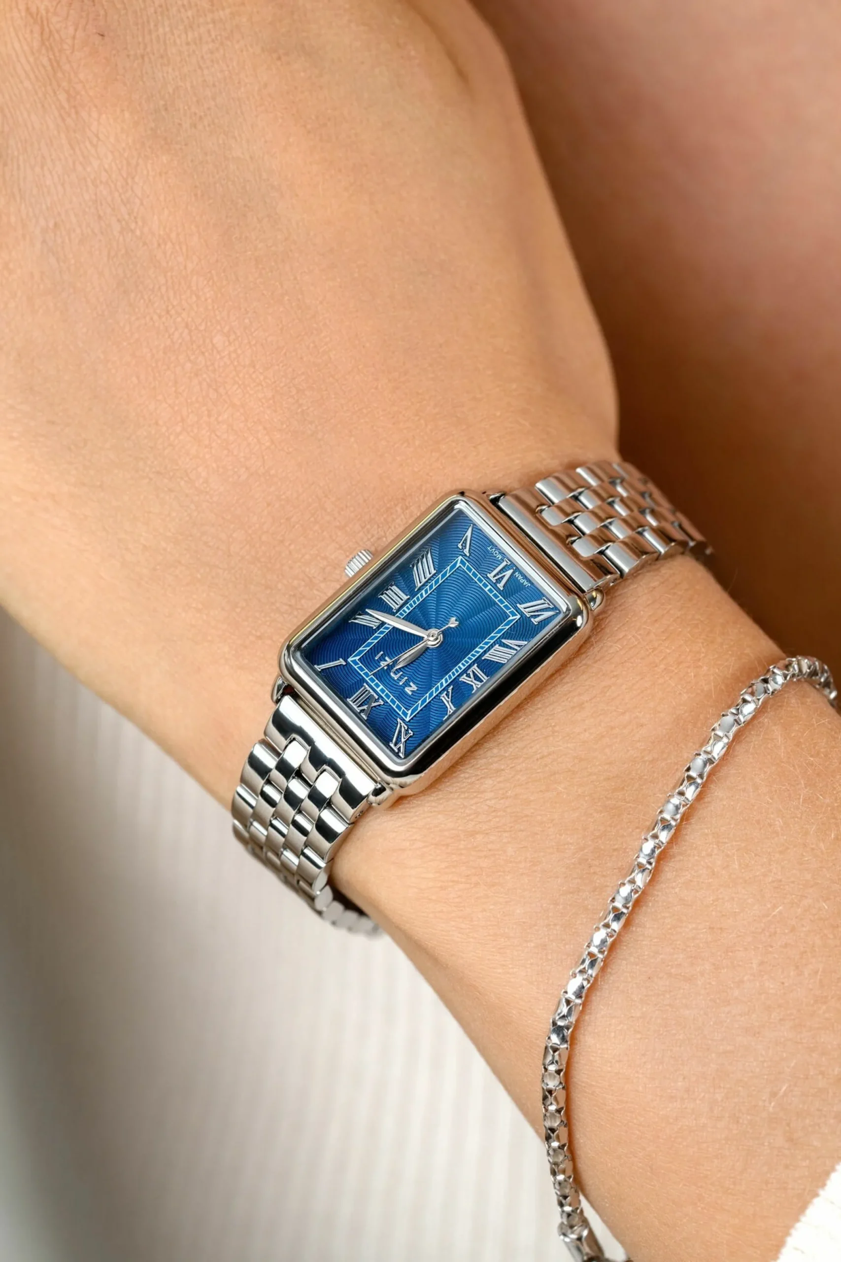 Hot Zinzi Elegance horloge blauwe wijzerplaat en rechthoekige kast stalen schakelband 28mm extra dun ZIW1955