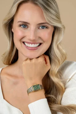 Sale Zinzi Elegance horloge groene wijzerplaat en rechthoekige kast stalen bicolor schakelband 28mm extra dun ZIW1935