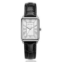 Zinzi Elegance horloge witte wijzerplaat en rechthoekige kast zwarte leren band 28mm extra dun ZIW1906Z