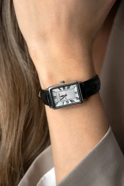 Zinzi Elegance horloge witte wijzerplaat en rechthoekige kast zwarte leren band 28mm extra dun ZIW1906Z