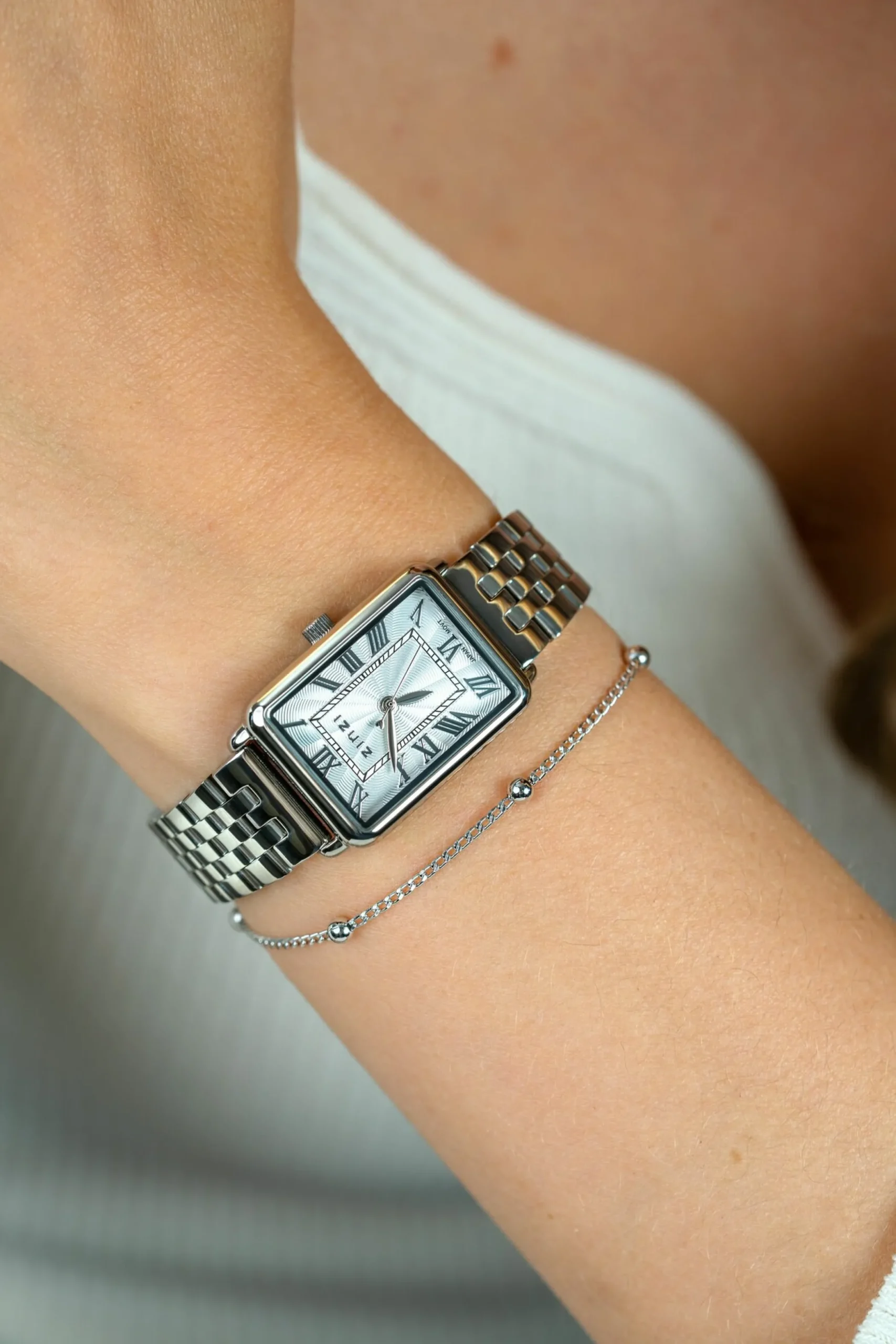 Sale Zinzi Elegance horloge witte wijzerplaat en rechthoekige kast stalen schakelband 28mm extra dun ZIW1906