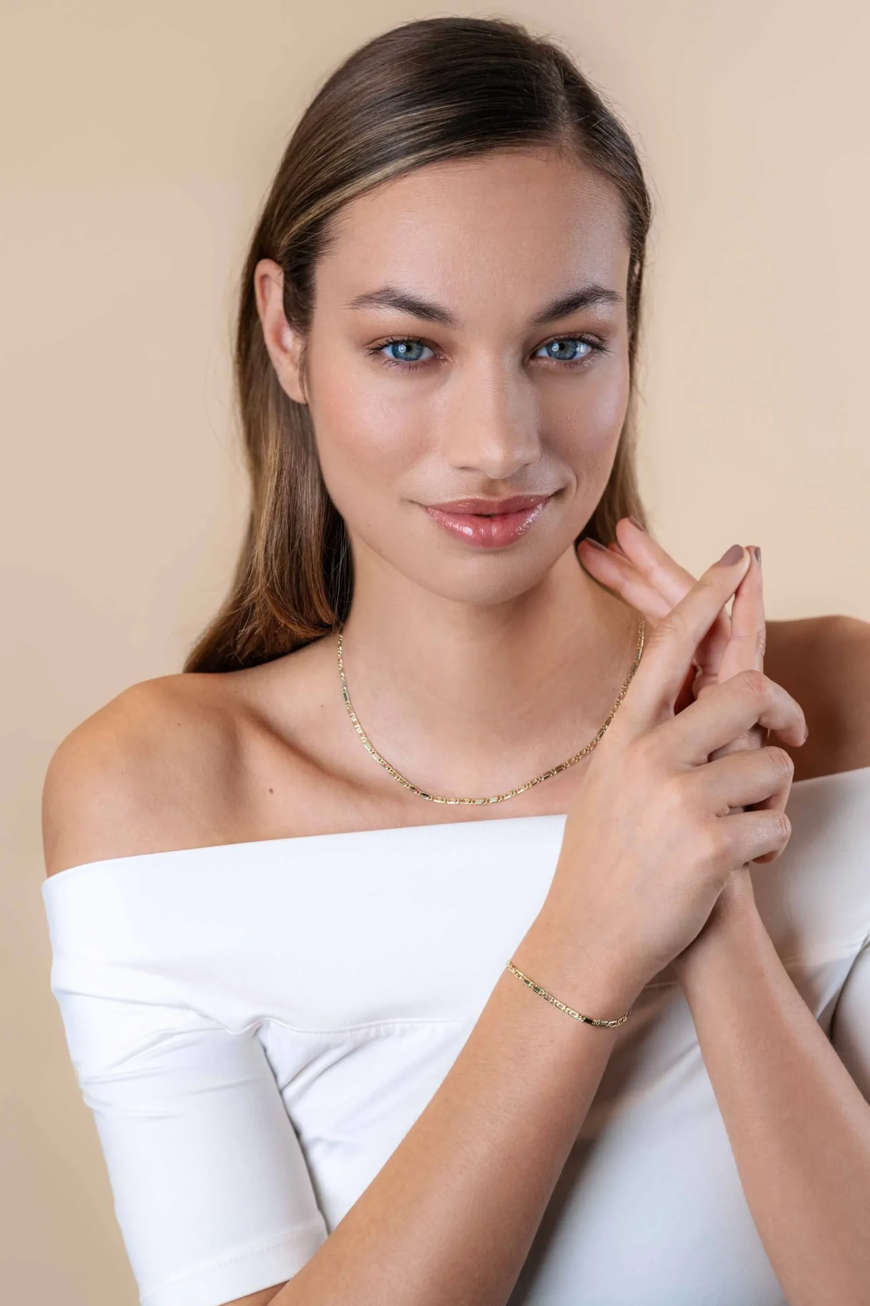 New Zinzi Gold 14 karaat gouden massieve ketting met valkenoog schakels en glimmende plaatjes 2,6mm breed 41-43cm ZGC499