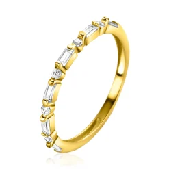 New Zinzi Gold 14 karaat gouden ring 1,7mm breed, afwisselend bezet met baquette geslepen zirconia's en ronde witte zirconia's ZGR403