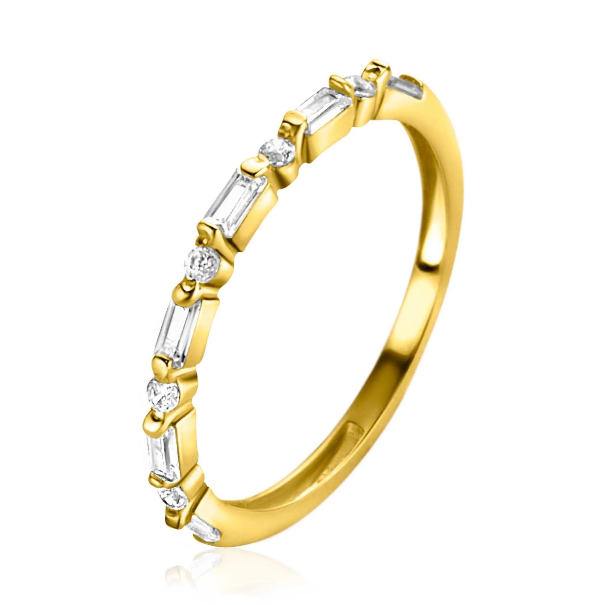 New Zinzi Gold 14 karaat gouden ring 1,7mm breed, afwisselend bezet met baquette geslepen zirconia's en ronde witte zirconia's ZGR403