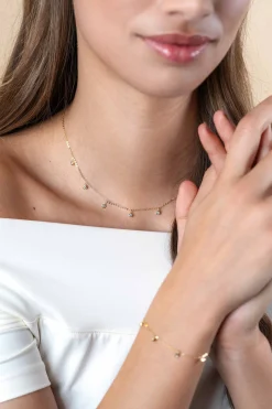 Best Zinzi Gold 14 krt gouden anker ketting met zeven ronde hangertjes, bezet met witte zirconia's 40-43cm ZGC451
