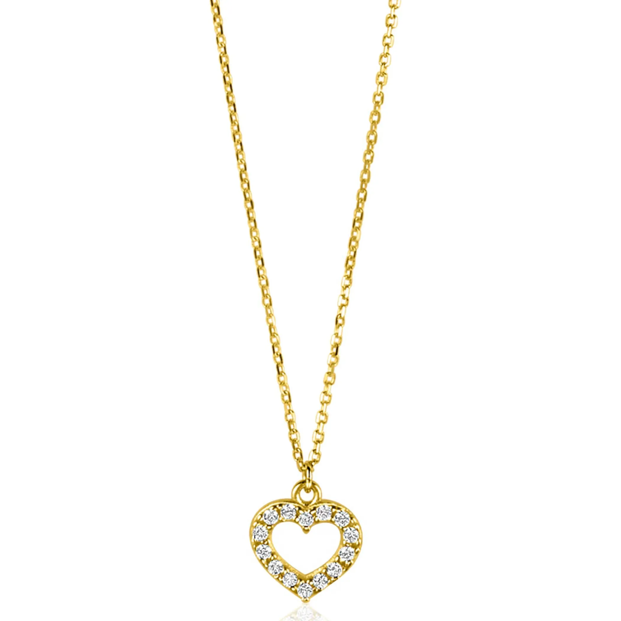 New Zinzi Gold 14 krt gouden anker ketting met sierlijk open hartje (7mm), bezet met witte zirconia's 40-42,5cm ZGC450