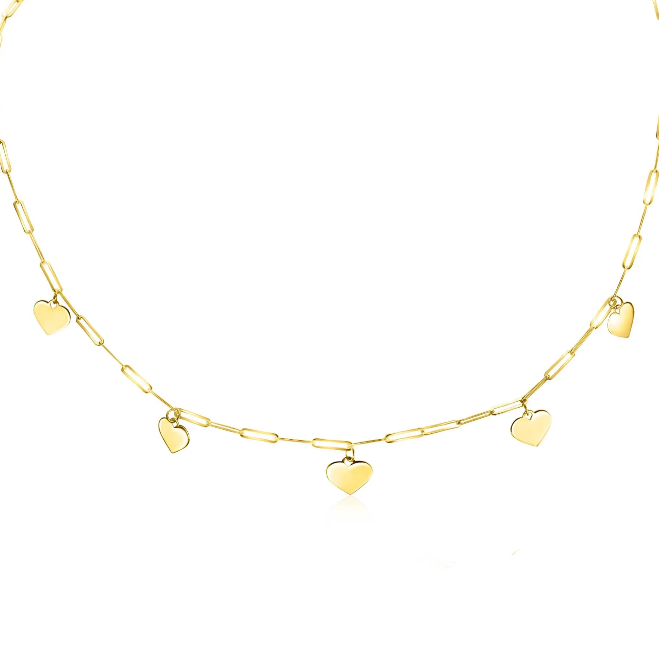 Clearance Zinzi Gold 14 krt gouden collier 45cm met trendy paperclip schakels 1,8mm breed en vijf gladde harten 9mm ZGC342